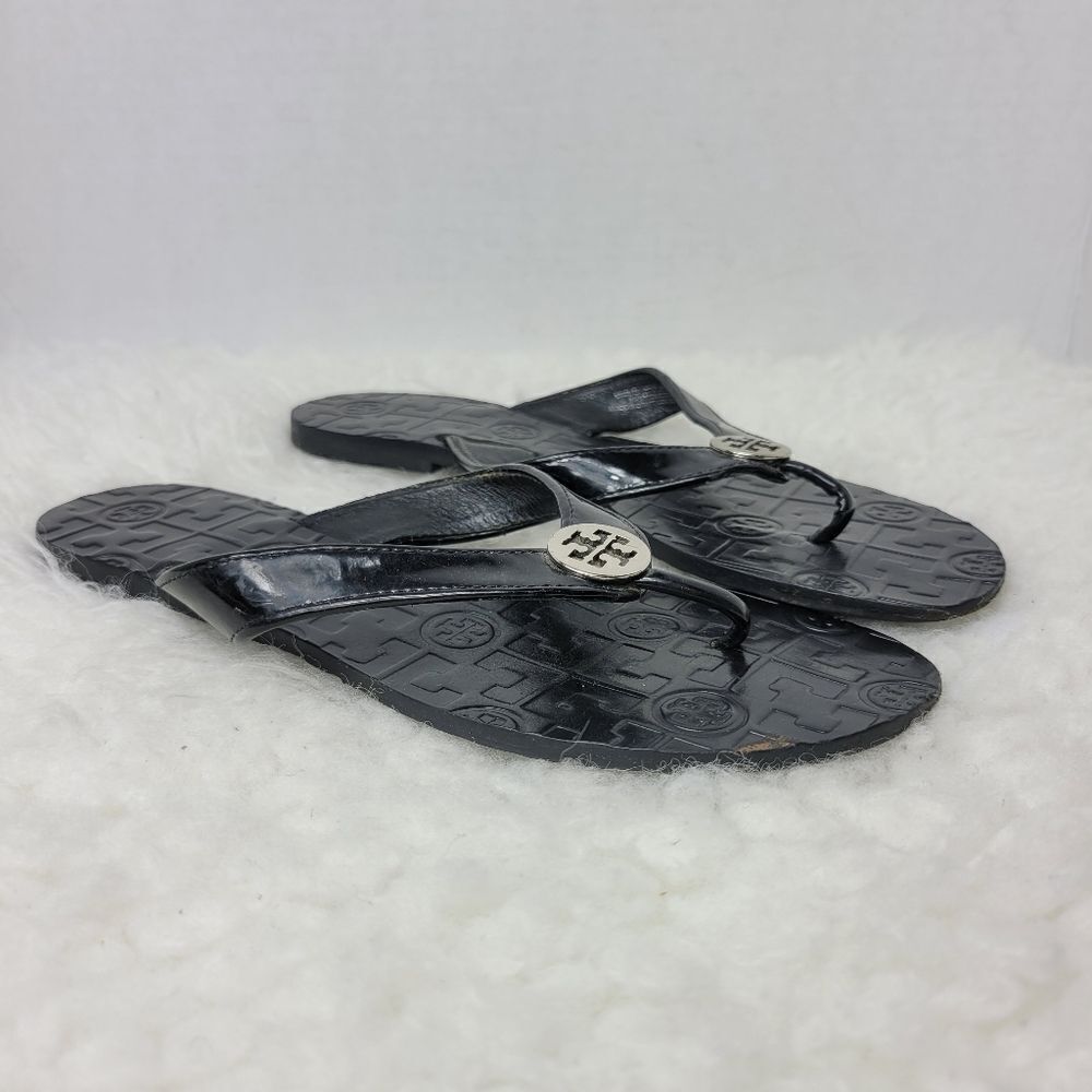 Tory Burch Womens Sandals Size 6M Thora Black Patent Leather Flip Flops Flats